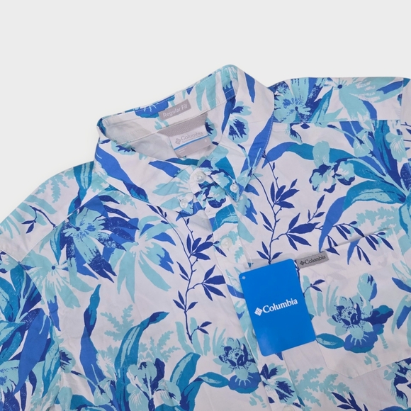 NWT Columbia Rapid Rivers Printed Short Sleeve Shirt Hawaiian Palm Blue Small - Picture 2 of 11